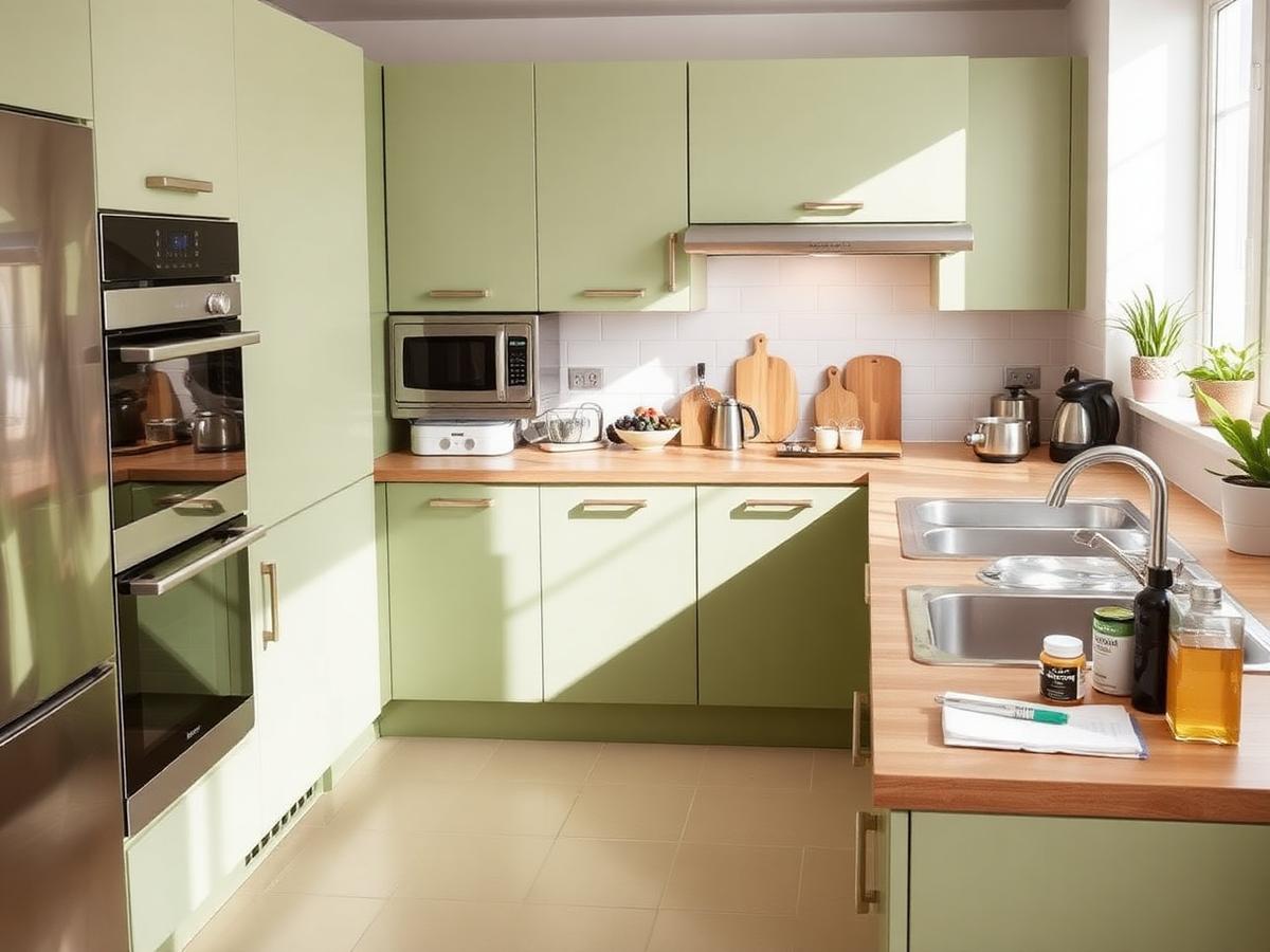 Modern home kitchen with equipment arranged on the worktop
